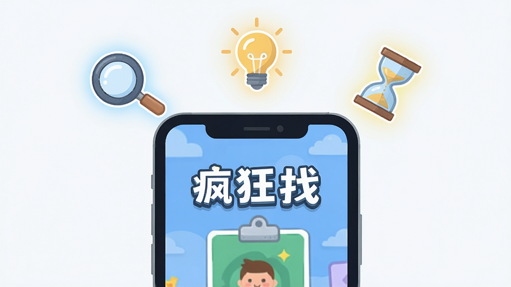 一张扁平化风格插画,主体为手机屏幕中显示“疯狂找一找”游戏画面,屏幕上方悬浮放大镜、灯泡提示、沙漏三种道具图标,布局为居中构图,风格简洁现代,细节中道具带有微光效果,画质高清,干净,无多余元素