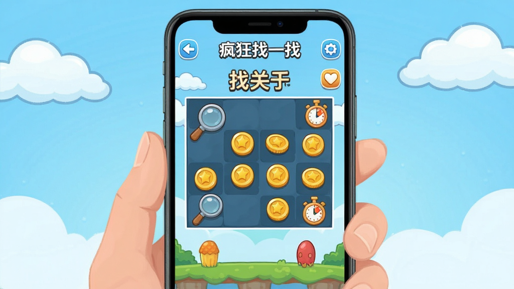 一张手机游戏界面截图风格插画,主体为手持智能手机显示“疯狂找一找”找茬游戏画面,布局为居中竖屏手机,背景为浅蓝色渐变带卡通云朵,风格清新休闲,细节包含游戏关卡画面中散布放大镜、金币、倒计时图标,画质高清,干净,无多余元素