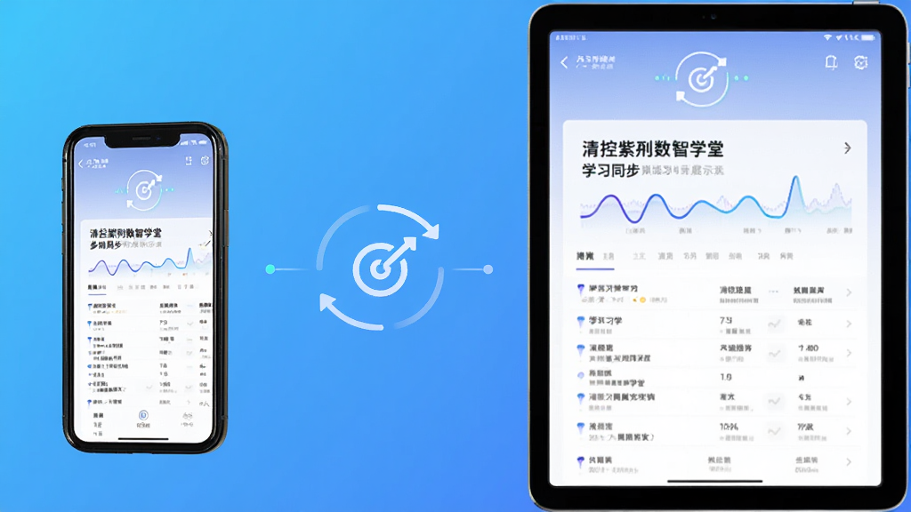 清控紫荆数智学堂多端同步功能示意,画面中手机与平板并排摆放,屏幕均显示相同的学习进度页面,中间以简洁的同步图标连接,背景为纯色渐变,风格科技简约,细节干净,画质高清