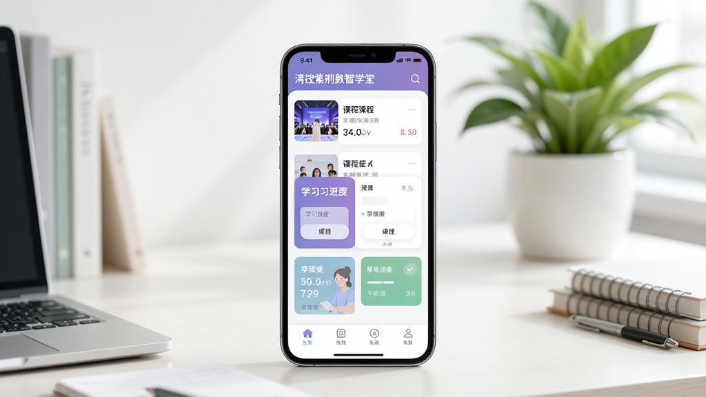 清控紫荆数智学堂软件主界面展示,画面中央为手机屏幕,屏幕内呈现课程列表与学习进度卡片布局,背景为简洁的书桌与绿植,整体风格清新明亮,细节清晰,画质干净,无多余元素