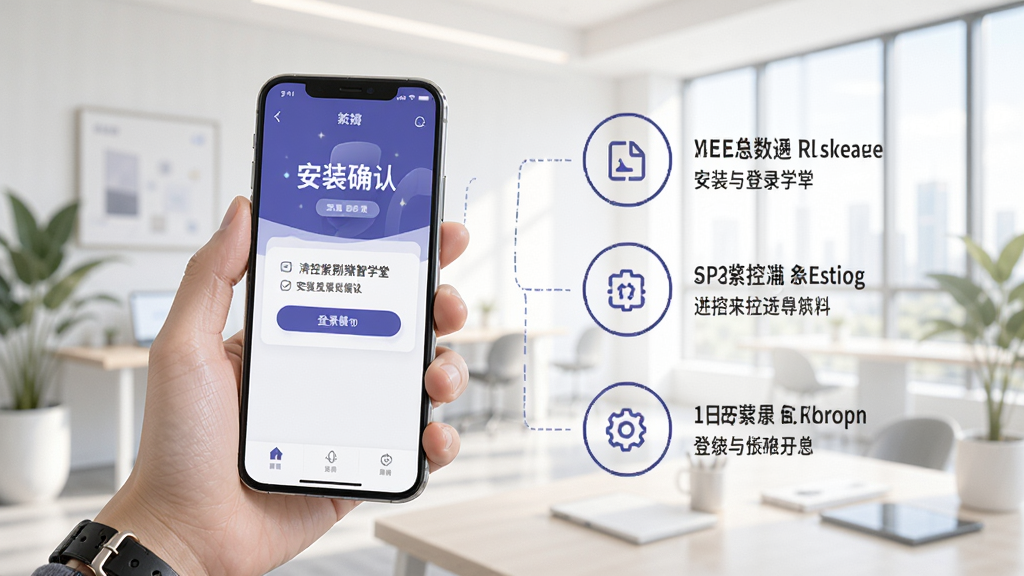 清控紫荆数智学堂安装与登录操作场景,画面展示手持手机进行安装确认的界面,旁侧有简洁的步骤提示图标,背景为明亮室内环境,风格写实清晰,细节干净,画质高清