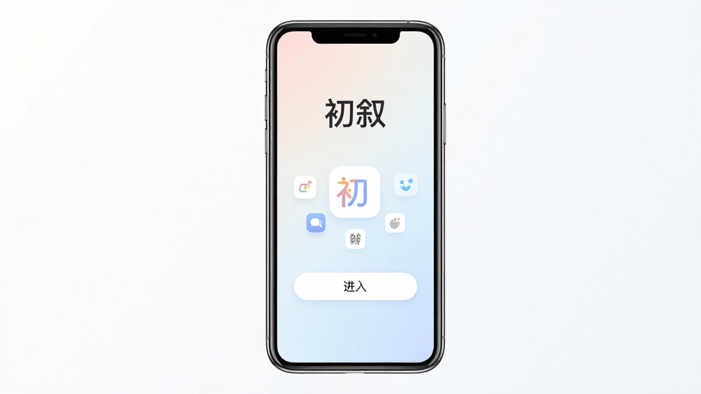 画面主体为一部竖屏智能手机,屏幕中央展示初叙应用启动页,界面为浅色渐变背景配简洁图标;布局上手机居中放置,四周留白干净;排版采用上下结构,上方为应用名称“初叙”,下方为进入按钮;风格为现代扁平化UI展示风;细节包括手机边框高光、屏幕内文字清晰、背景无杂乱装饰;画质为高清2K、画面干净、无多余元素