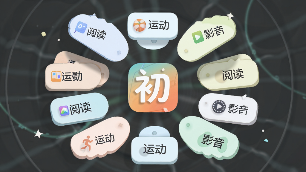 画面主体为多个悬浮的兴趣标签卡片围绕初叙应用图标排列;布局为圆形放射状构图,中心为应用图标,四周卡片均匀分布;排版上每张卡片写有“阅读”“运动”“影音”等字样;风格为清新浅色系插画风;细节包括卡片圆角、柔和阴影、图标简洁;画质为高清、画面干净、无多余元素