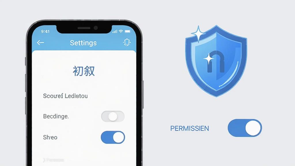 画面主体为一部手机屏幕展示初叙应用设置页面,旁边配有盾牌图标和权限开关示意;布局为左侧手机、右侧图标组合;排版简洁明了;风格为扁平化科技插画风;细节包括盾牌高光、开关按钮清晰、背景浅灰;画质为高清、画面干净、无多余元素