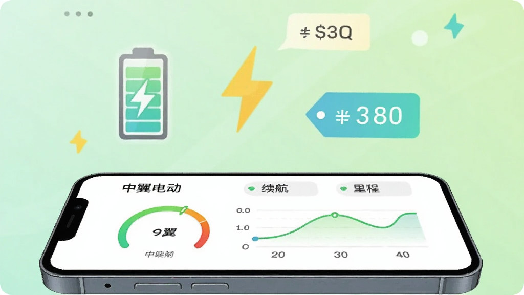 一部手机横放在画面下方,屏幕显示“中翼电动”的电量仪表盘与续航曲线图,上方漂浮着电池图标、闪电符号和里程数字标签,背景是柔和的浅绿色渐变,风格为清爽的扁平化UI展示插画,主体突出、排版整洁,画质细腻,无杂乱元素