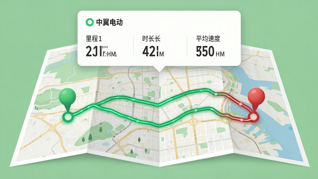 画面以一张折叠展开的城市地图为主体,地图上绘制一条高亮骑行轨迹线,起点和终点分别用绿色圆点和红色图钉标记,地图上方悬浮“中翼电动”数据卡片,显示里程、时长和平均速度三个数字模块,整体为简约信息图表风格,配色清新,布局规整,画质清晰,无多余元素