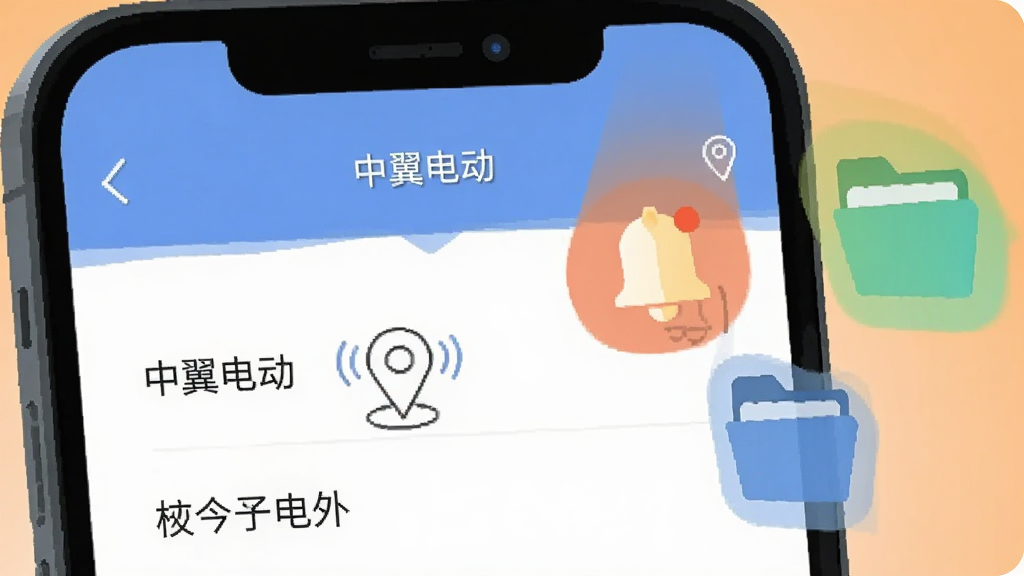 画面为一部手机屏幕特写,显示“中翼电动”权限设置页面,旁边漂浮着定位图标、通知铃铛和存储文件夹三个彩色小图标,背景为浅橙色渐变,风格为简洁的扁平化说明插画,构图紧凑,重点突出,画质清晰,无多余元素