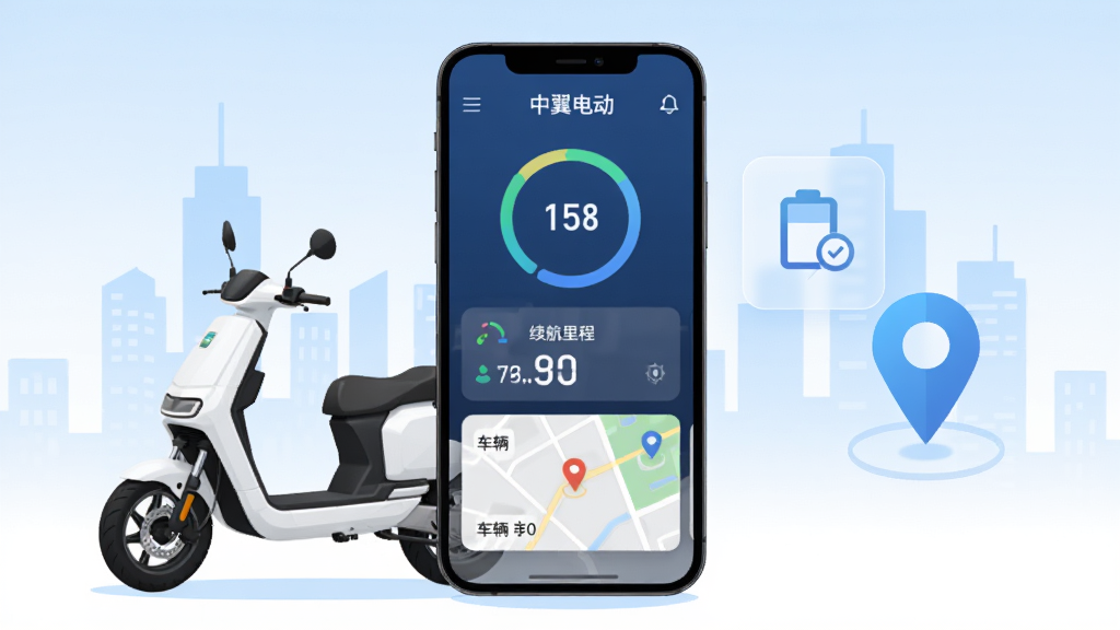 画面中央是一部竖屏手机,屏幕上显示“中翼电动”App首页界面,包含电量圆环、续航里程数字和车辆定位地图卡片,手机左侧放置一辆白色两轮电动车,右侧悬浮半透明的电量图标与定位图钉,背景为浅蓝到白色的渐变城市剪影,整体采用扁平化科技插画风格,细节干净利落,构图居中对称,画质清晰,无多余装饰元素