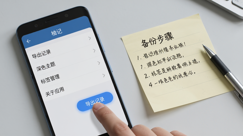 一部安卓手机屏幕显示“柚记”的设置页面,页面中列出“导出记录”“深色主题”“标签管理”“关于应用”等选项,手指正点击“导出记录”按钮;手机旁边放着一张写有备份步骤的便签纸和一支笔;背景为浅灰色桌面;整体采用简洁的写实风格,光线柔和;细节上按钮有按压高亮效果,便签纸文字清晰;画质干净,无多余元素