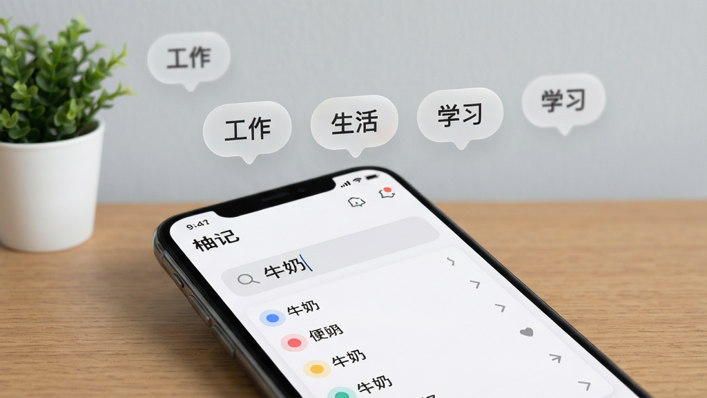 一部手机放在木质桌面上,屏幕显示“柚记”的搜索界面,搜索框内输入“牛奶”二字,下方列出多条匹配的便签记录,每条记录前有彩色标签圆点;手机屏幕上方悬浮着几个半透明的标签气泡,写着“工作”“生活”“学习”;背景为浅灰色墙面和一小盆绿植;整体采用清爽的UI展示风格,光线均匀;细节上搜索框有轻微高亮,标签气泡边缘柔和;画质清晰,画面干净,无多余元素