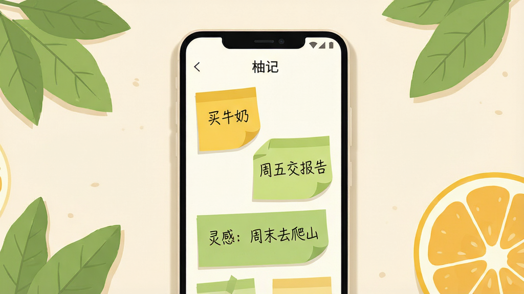 画面中央是一部竖屏安卓手机,手机屏幕上显示简洁的记事本应用界面,顶部有“柚记”字样,界面内排列着几条彩色便签卡片,卡片上写有“买牛奶”“周五交报告”“灵感:周末去爬山”等手写体文字;手机周围散落着几片柚子叶和半个切开的柚子作为点缀,背景为浅米色桌面;整体采用清新扁平插画风格,线条干净,配色以柚黄、浅绿、米白为主;细节上便签边角微微卷起,手机边框有柔和阴影;画质清晰,画面干净,无多余元素