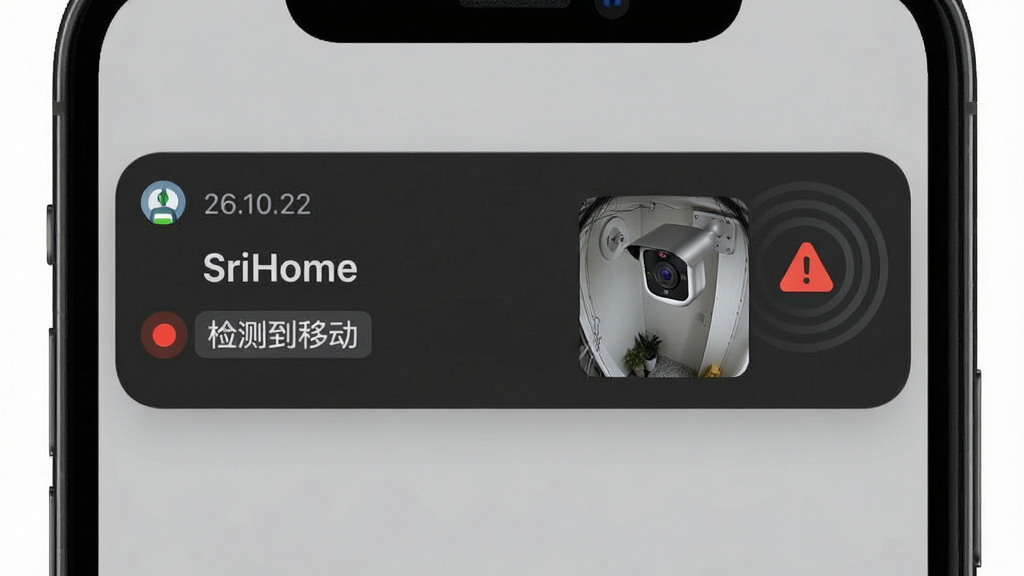 画面主体为手机通知栏弹出SriHome移动侦测告警消息,旁边配一个摄像头抓拍的画面缩略图;布局为手机界面特写居左、告警图标与波纹居右;风格为写实UI风格,深色通知背景;细节包含时间