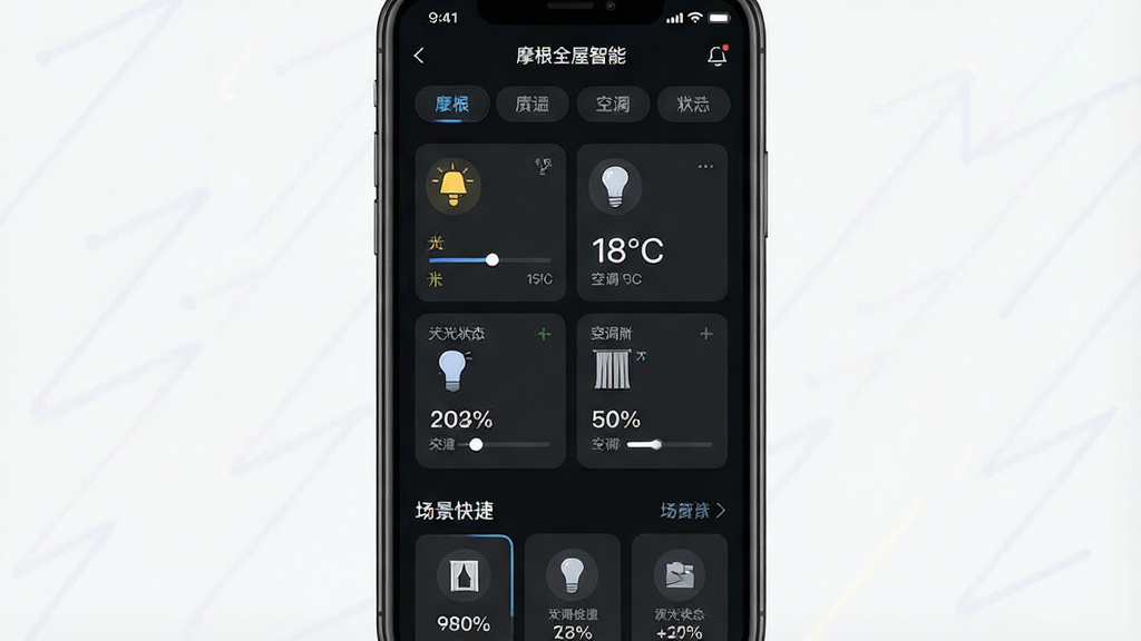 һ��չʾ��Ħ��ȫ�����ܡ�App��ҳ�豸���������ͼƬ������Ϊ�ֻ���Ļ�ڰ����������豸��Ƭ���񣬲���Ϊ���������ǩ�����в��豸״̬��Ƭ���ײ����������ڣ����Ϊ����ִ�����ɫ�Ƽ��磬ϸ�ڰ����ƹ����Ȼ��顢�յ��¶���ʾ���������ϰٷֱȣ���������������ɾ����޶���Ԫ��