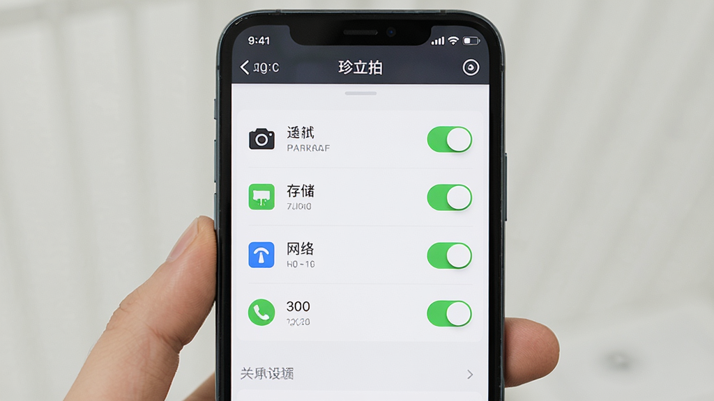 主体为手机屏幕展示应用权限设置页面,布局为居中手机特写,排版突出权限开关列表,风格为简洁扁平化界面风,细节包含相机、存储、网络权限图标与开关状态,画质清晰干净,屏幕顶部显示“珍立拍”