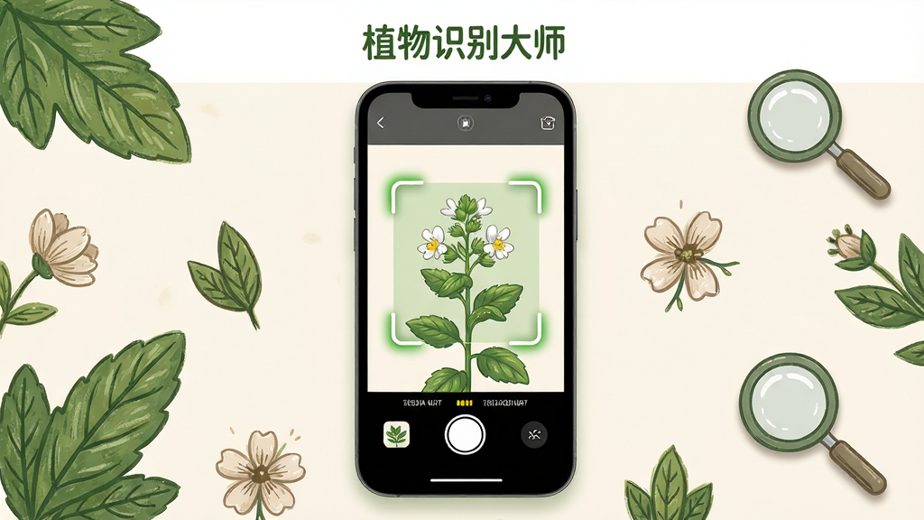 主体为一部智能手机居中放置,屏幕内显示植物识别大师的拍照取景界面,画面中央是一株开着白色小花的绿色草本植物,识别框高亮标注;布局为手机居于画面中心,四周环绕手绘风格的叶片、花朵与放大镜图标;排版简洁居中,顶部留白;风格为清新自然插画风,色彩以绿色和浅米色为主;细节包含叶片纹理、花瓣细节与界面按钮的柔和阴影;画质清晰,画面干净,无多余元素,图片中文字为“植物识别大师”。