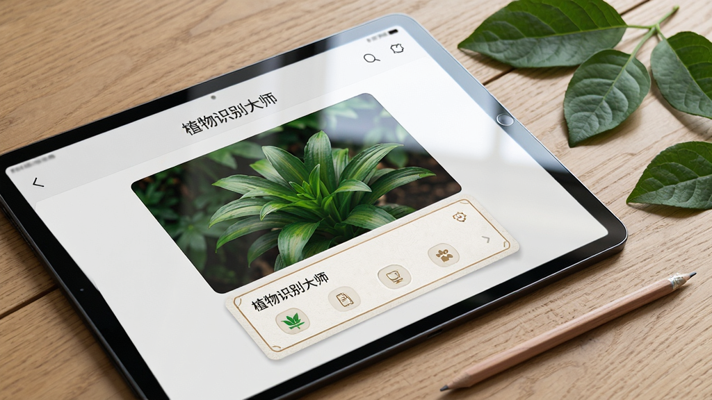 主体为一台平板电脑斜置于木质桌面,屏幕中展示植物识别大师的识别结果页面,页面内有一张绿色植物照片与名称信息卡片;布局为平板占画面三分之二,旁边摆放几片真实绿叶与一支铅笔;排版为斜角构图,层次分明;风格为写实产品摄影风,光线柔和自然;细节突出屏幕反光、叶片脉络与卡片边框质感;画质高清,背景干净,无多余元素,图片中文字为“植物识别大师”。