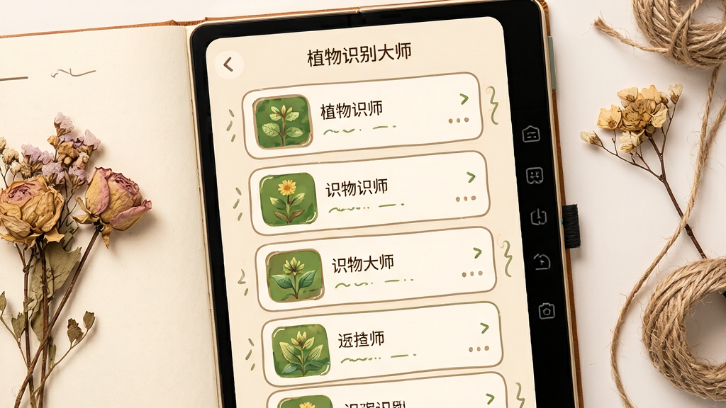 主体为一本打开的电子手账式界面,屏幕中呈现植物识别大师的识别记录列表,多条记录以卡片形式纵向排列,每张卡片配有植物缩略图与名称;布局为手账本居中,左右两侧点缀干花与麻绳;排版为纵向列表式,间距均匀;风格为温暖手账插画风,色调偏米黄与草绿;细节包含卡片圆角、缩略图边框与手绘装饰线;画质细腻,画面干净,无多余元素,图片中文字为“植物识别大师”。