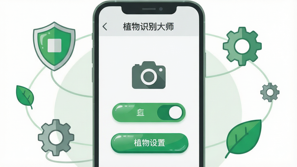 主体为一部手机屏幕特写,显示植物识别大师的权限设置引导页面,页面中有相机图标与开关按钮;布局为手机居中放大展示,周围环绕盾牌、齿轮与绿色叶片图标;排版为居中构图,信息层级清晰;风格为扁平化科技插画风,配色以绿色与浅灰为主;细节包含按钮高光、图标描边与页面留白;画质清晰,画面干净,无多余元素,图片中文字为“植物识别大师”。