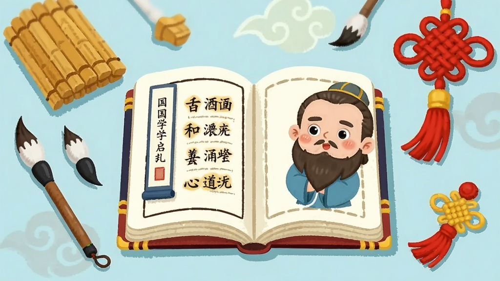 一幅展现儿童国学启蒙场景的插画,画面中央是一本打开的古典书籍,书页上浮现出古诗文字和卡通化的孔子形象,周围环绕着毛笔、竹简、中国结等传统文化元素,整体色调温暖明亮,风格为扁平化儿童插画,布局居中对称,细节精致,画质清晰干净,无多余元素