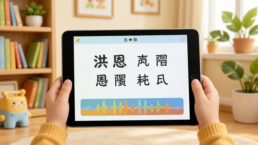 洪恩国学软件界面预览图,画面展示儿童手持平板电脑跟读古诗的场景,屏幕中显示诗句文字和语音波形评分条,背景为温馨的儿童书房,风格为写实卡通混合,布局为横向构图,细节包含书架和绿植,画质清晰明亮,干净无多余元素