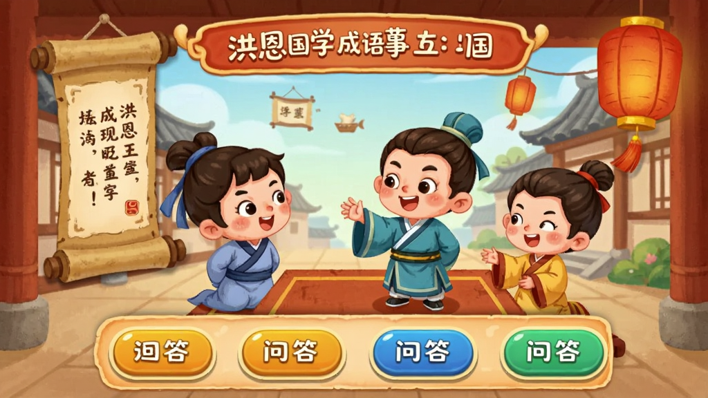 洪恩国学成语故事互动界面预览图,画面展示卡通风格的古代场景,人物正在演绎成语故事,屏幕下方有问答选项按钮,整体风格为儿童绘本插画,布局为竖向手机屏幕构图,细节包含卷轴和灯笼元素,画质细腻干净,无多余元素