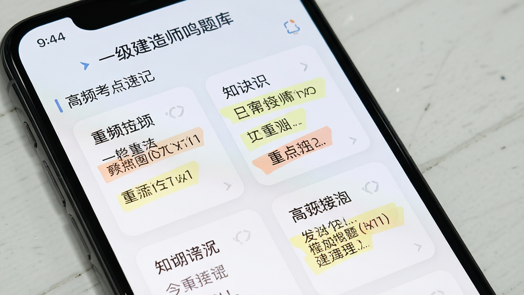 一级建造师鸣题库 高频考点速记页面,手机屏幕显示知识点卡片与重点标记,浅色背景,整洁排版,高清画质,无多余装饰
