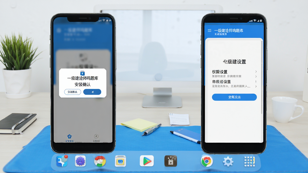 一级建造师鸣题库 安卓手机安装步骤示意图,手机屏幕显示安装确认弹窗与权限设置页面,简洁蓝色调,桌面场景,高清画质,干净无杂物