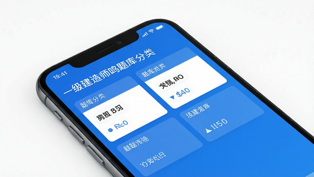 一级建造师鸣题库 手机应用主界面展示,题库分类清晰排列,蓝色简约风格,手机正面平铺展示,干净白色背景,高清画质,无多余元素