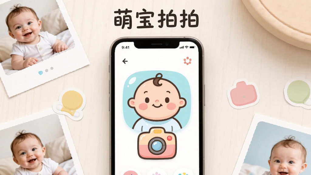 主体为一部智能手机屏幕中央显示萌宝拍拍应用界面,界面内是一个可爱的婴儿笑脸和卡通相机图标,布局为手机居中放置于浅色桌面,周围散落几张宝宝照片和彩色贴纸,排版简洁留白充足,风格为清新卡通扁平化插画,细节包括柔和的马卡龙配色、圆润的图标边角和手绘感线条,画质清晰干净无多余元素,图片上方带文字“萌宝拍拍”