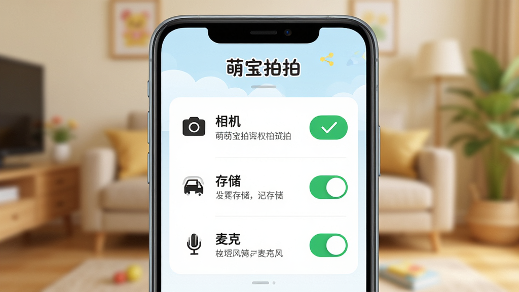 主体为一部安卓手机屏幕显示萌宝拍拍权限设置引导页面,页面列出相机、存储、麦克风三个权限开关,布局为手机正面特写居中、背景为模糊的家居环境,排版突出权限列表区域,风格为清晰UI示意图,细节包括绿色勾选标记、权限图标和说明文字、手机边框圆润,画质干净无杂乱,屏幕内带文字“萌宝拍拍”