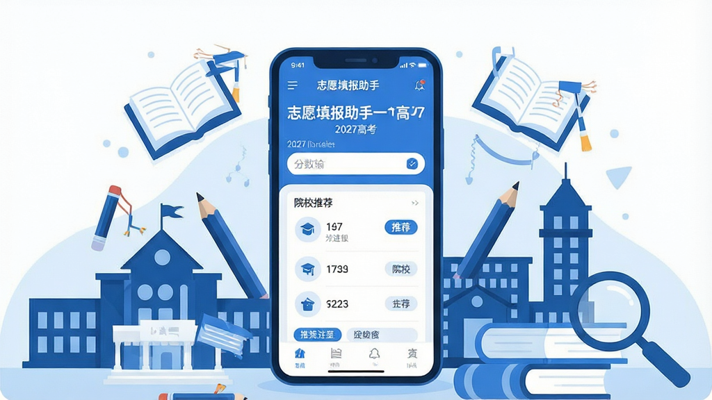 一张展示高考志愿填报场景的插画,画面中央是一部智能手机,屏幕上显示“志愿填报助手一2027高考”的软件界面,界面中包含分数输入框、院校列表和推荐标签,手机周围环绕着大学校园建筑剪影、书本、铅笔和放大镜等元素,布局采用中心对称构图,风格为扁平化矢量插画,色调以蓝色和白色为主,细节包含界面上的小图标和进度条,画质清晰干净,无多余装饰元素