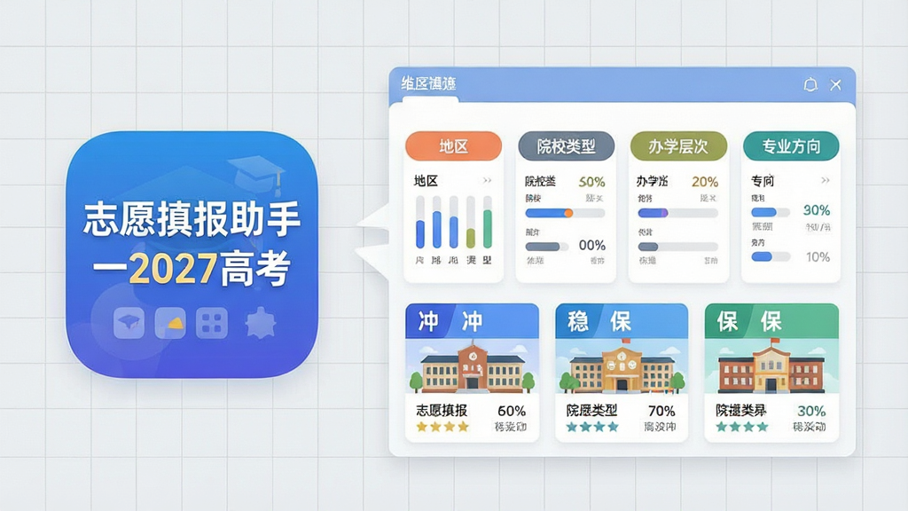 一张信息图表风格的插画,画面左侧是“志愿填报助手一2027高考”的软件图标,右侧展开一个多维度筛选面板,面板上标注地区、院校类型、办学层次、专业方向四个筛选标签,下方排列着三组院校卡片分别标注冲、稳、保,背景为浅灰色网格,风格为现代扁平化信息图,细节包含数据条和百分比标识,画质干净清晰,无杂乱元素