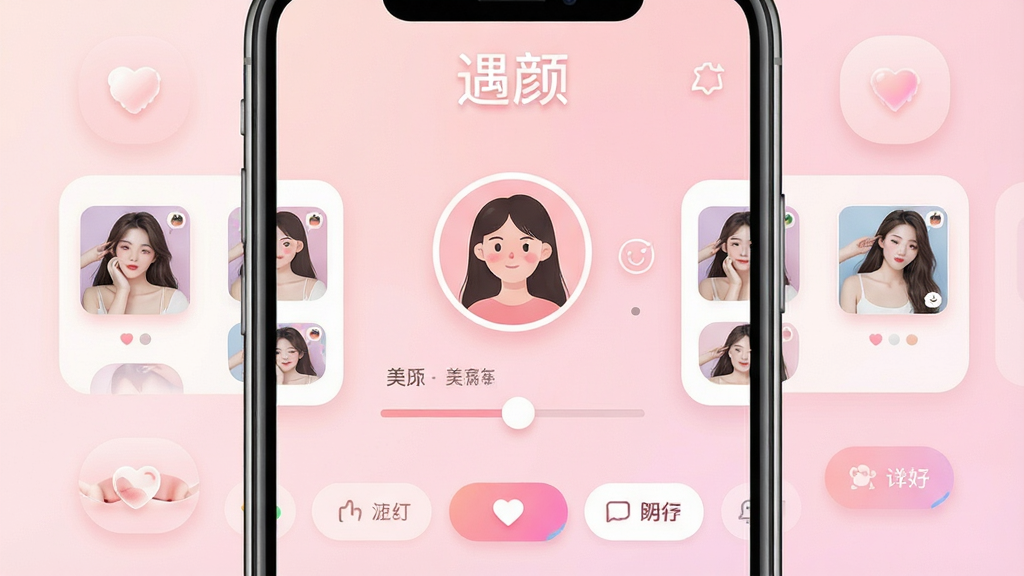 手机屏幕中央展示一款美颜社交应用的主界面,顶部为“遇颜”文字标识,中部为圆形头像与美颜调节滑杆,左右两侧分布滤镜缩略图与互动按钮,背景为柔和的浅粉渐变,整体布局居中对称,风格清新现代,细节包含圆角卡片、柔和阴影与细腻图标,画质清晰干净,无多余装饰元素