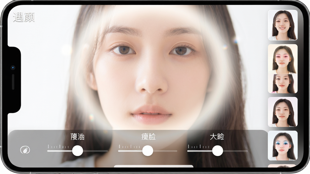 手机前置摄像头取景画面中,人物面部被柔和光晕包围,屏幕下方排列磨皮、瘦脸、大眼三个调节滑杆,右侧竖排滤镜缩略图,画面左上角显示“遇颜”小字标识,整体风格明亮通透,细节包含滑杆刻度与高光过渡,画质清晰,干净无杂乱元素