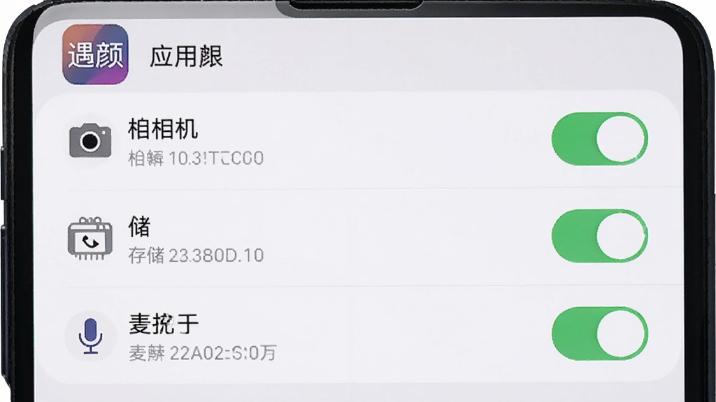 手机屏幕展示应用权限设置页面,列表中相机、存储、麦克风三个权限开关处于开启状态,页面顶部有“遇颜”应用图标,背景为系统设置浅色界面,整体布局为纵向列表,风格简洁规范,细节包含开关高亮与文字说明,画质清晰,干净无杂乱