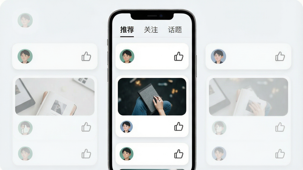 手机界面展示内容广场瀑布流布局,每张卡片包含缩略图、圆形头像与点赞图标,顶部标签栏显示“推荐”“关注”“话题”三个选项,卡片边角为圆角设计,背景为浅灰白色,整体排版疏密有致,风格简约清爽,画质细腻,无多余元素
