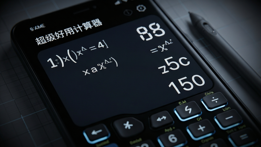 画面主体为“超级好用计算器”的科学计算模式界面特写,屏幕上显示带括号与三角函数的算式及计算结果;布局为界面占据画面主要区域,旁边配一支触控笔;排版以屏幕内容为核心,四周暗角虚化;风格为科技感深色主题展示;细节包括按键发光边缘、数字清晰锐利、背景有轻微网格纹理;画质高清,干净,无多余元素