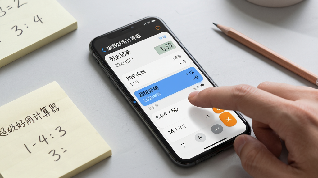 主体为“超级好用计算器”在手机上的历史记录列表页面,屏幕显示多条算式与结果条目,其中一条被手指点击选中;布局为手机斜放在浅灰桌面上,旁边有便签与铅笔;排版以手机屏幕为视觉中心;风格为生活化场景展示;细节包括手指触控动作、便签上的手写数字、柔和光影;画质清晰,干净,无多余元素