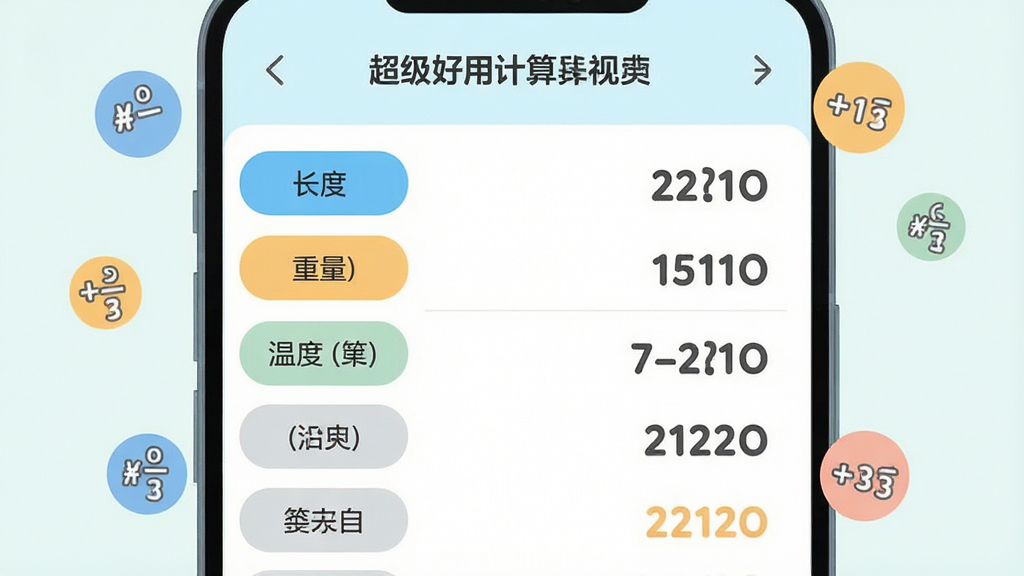 主体为“超级好用计算器”的单位换算页面,屏幕左侧列出长度、重量、温度等分类标签,右侧显示数值输入与换算结果;布局为手机界面居中,周围漂浮少量换算单位符号图标;排版清晰分区;风格为清新浅色扁平化设计;细节包括标签高亮、数字字体圆润、图标线条简洁;画质干净,无多余元素