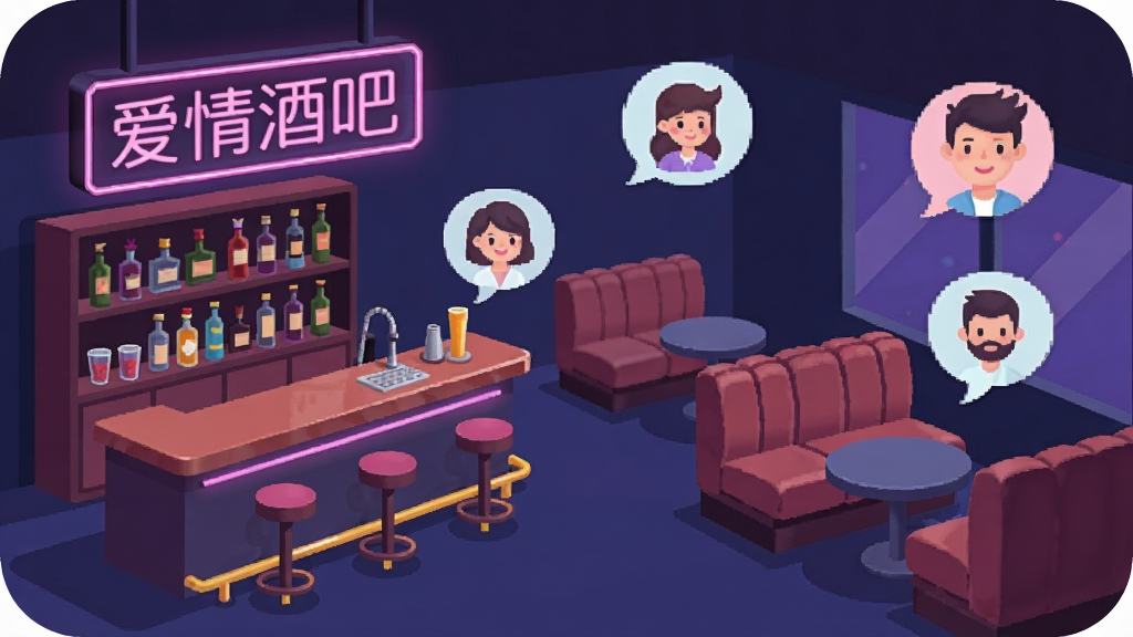 一张以“爱情酒吧”应用为主题的插画,画面主体是虚拟酒吧场景,包含吧台、霓虹灯牌、卡座沙发和若干卡通风格的用户头像气泡,布局上场景横向展开,左侧是吧台区域,右侧是卡座区域,风格为扁平化插画风格,细节上灯牌上写着“爱情酒吧”字样,色彩以紫红色和深蓝色为主,画质清晰,画面干净,无多余元素