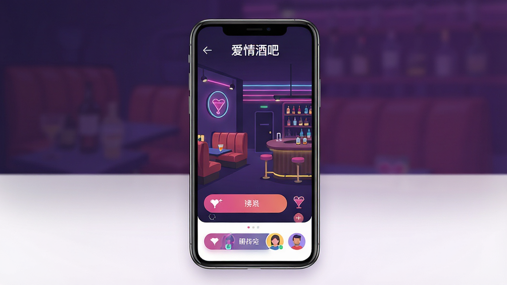 一张展示手机应用界面的图片,画面主体是一部智能手机,屏幕上显示着名为“爱情酒吧”的社交应用主界面,包含酒吧卡座、吧台、霓虹灯光等视觉元素,布局上手机居中放置,背景为柔和的暗紫色渐变,风格为现代扁平化UI展示,细节上突出界面中的聊天入口、互动按钮和用户头像,画质清晰,画面干净,无多余元素