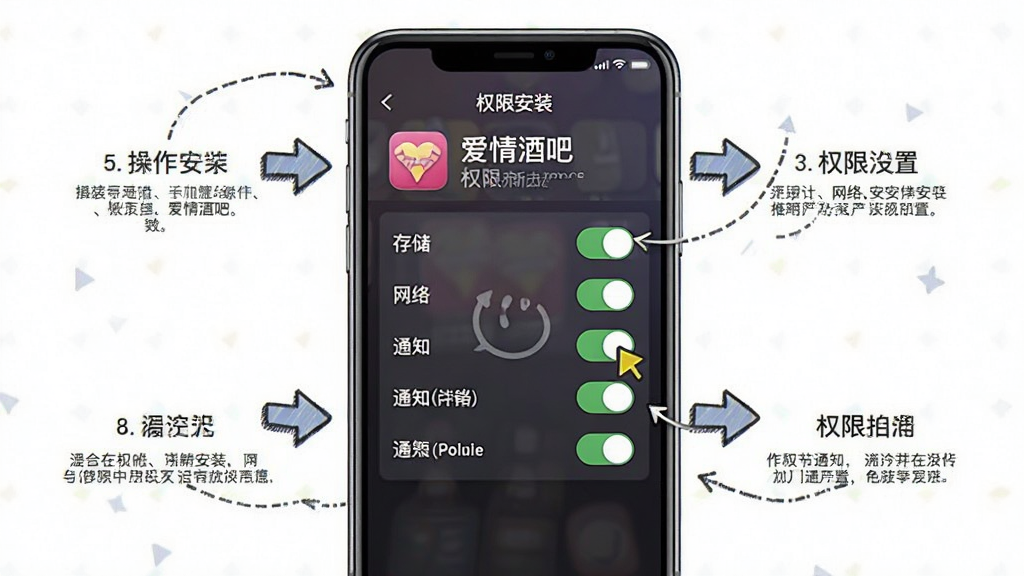 一张展示手机应用安装与权限设置界面的示意图,画面主体是一部手机屏幕显示“爱情酒吧”应用的权限管理页面,包含存储、网络、通知等权限开关,布局上手机居中,周围有箭头指示操作步骤,风格为简洁的教程图示风格,细节上突出权限开关和提示文字,画质清晰,画面干净,无多余元素