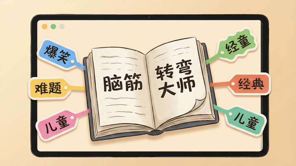 画面主体为一本翻开的电子书悬浮在屏幕中央,书页上写有“脑筋转弯大师”字样,书页向两侧延展出多个分类标签,标签上分别标注“爆笑”“难题”“经典”“儿童”,背景为温暖的米黄色,布局上书本居中、标签呈扇形展开,风格为清新手绘插画,细节包括纸张纹理、彩色标签贴纸、柔和光影,画质干净清晰,无多余元素