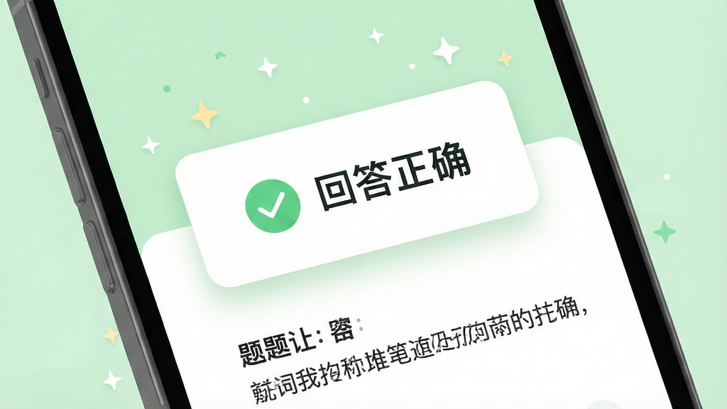 画面展示手机屏幕特写,屏幕中央弹出答题结果卡片,卡片上写有“回答正确”字样并配有对勾图标,卡片下方显示题目解析文字,背景为柔和的浅绿色,布局上卡片居中、四周有细碎星光点缀,风格为现代扁平UI插画,细节包括圆角卡片、轻投影、清晰文字排版,画质干净明亮,无杂乱元素