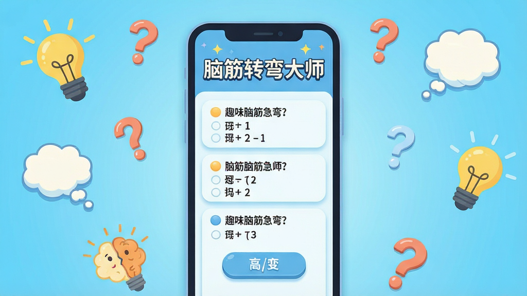 画面中央是一部竖屏手机,屏幕上显示脑筋转弯大师的答题界面,标题文字为“脑筋转弯大师”,下方排列三道带选项的趣味脑筋急转弯题目,背景为明亮的浅蓝色渐变,四周点缀灯泡、问号、思考气泡等智力元素图标,布局上手机居中、元素环绕四周,风格为扁平化卡通插画,细节包括圆角按钮、柔和阴影、清晰的文字层级,画质清晰干净,无多余装饰元素