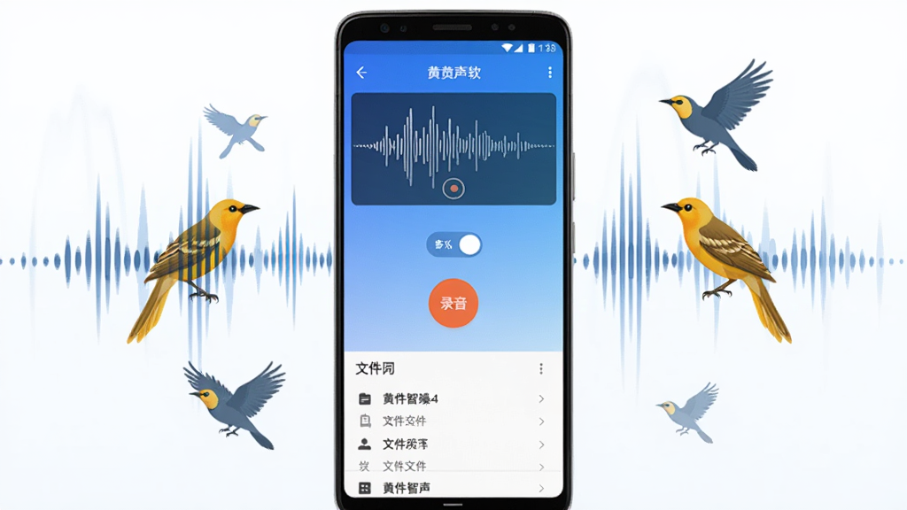 画面中央展示一部安卓手机,手机屏幕内呈现黄鹂智声软件主界面,界面上方为录音波形图,中部为降噪开关与录音按钮,下方为文件列表;手机周围环绕声波线条与黄鹂鸟剪影元素,整体采用蓝白渐变科技风格,布局居中对称,细节清晰,画质干净,无多余元素