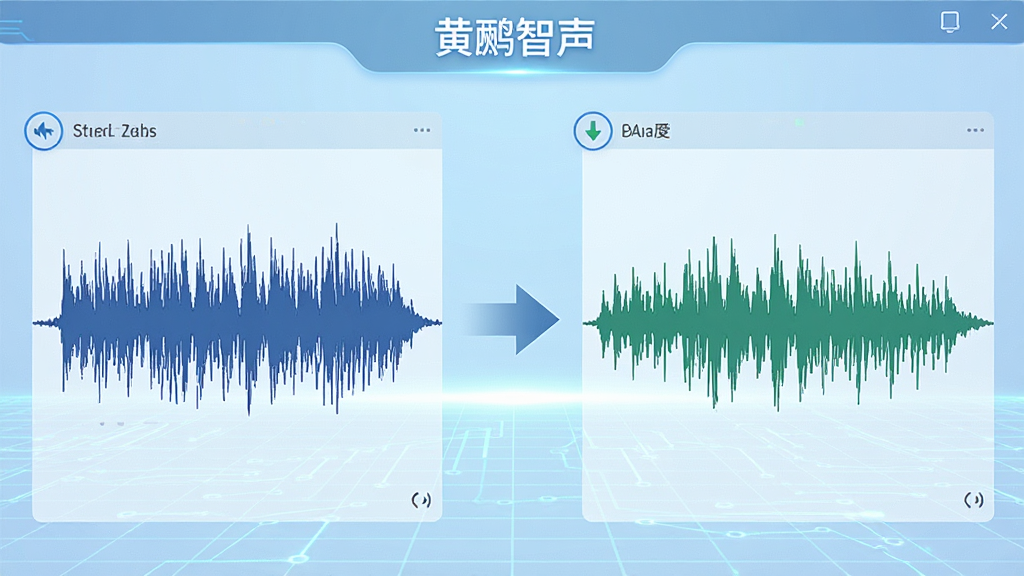 画面主体为黄鹂智声软件降噪功能界面,左侧显示原始音频波形,右侧显示降噪后的干净波形,中间以箭头连接表示处理过程;背景为浅蓝色科技网格,界面元素包含“黄鹂智声”文字标识,风格简洁现代,布局左右对比清晰,画质干净,无多余元素