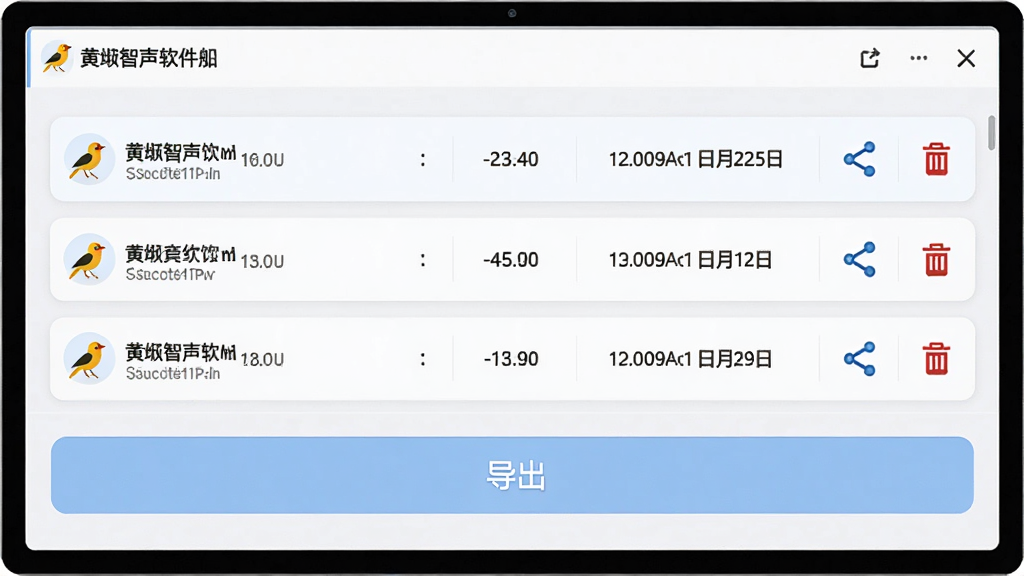画面主体为黄鹂智声软件文件管理界面,屏幕上以列表形式展示多条录音文件,每条包含文件名、时长与日期信息,右侧有分享与删除图标;界面底部为导出按钮,整体采用浅色卡片式设计,布局规整,风格清爽,画质干净,无多余元素
