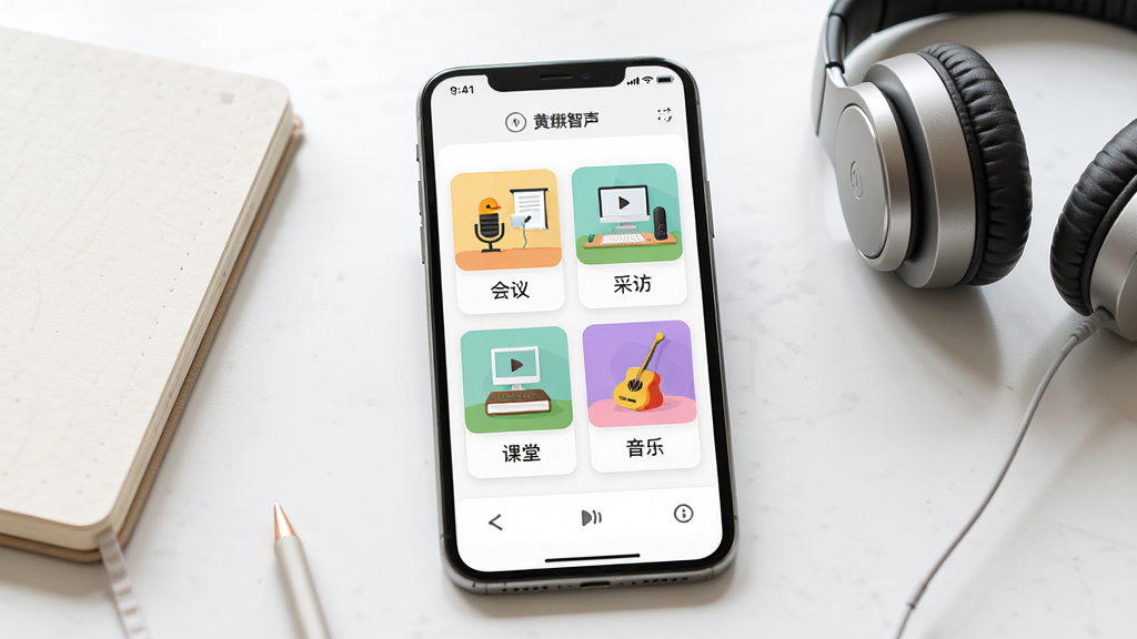 画面展示黄鹂智声软件录音模式选择界面,屏幕内以卡片形式排列会议、采访、课堂、音乐四种模式图标,每张卡片配有对应场景的小插图;手机放置于桌面,旁边有笔记本与耳机作为点缀,整体风格清新明亮,布局整齐,细节丰富,画质干净,无多余元素