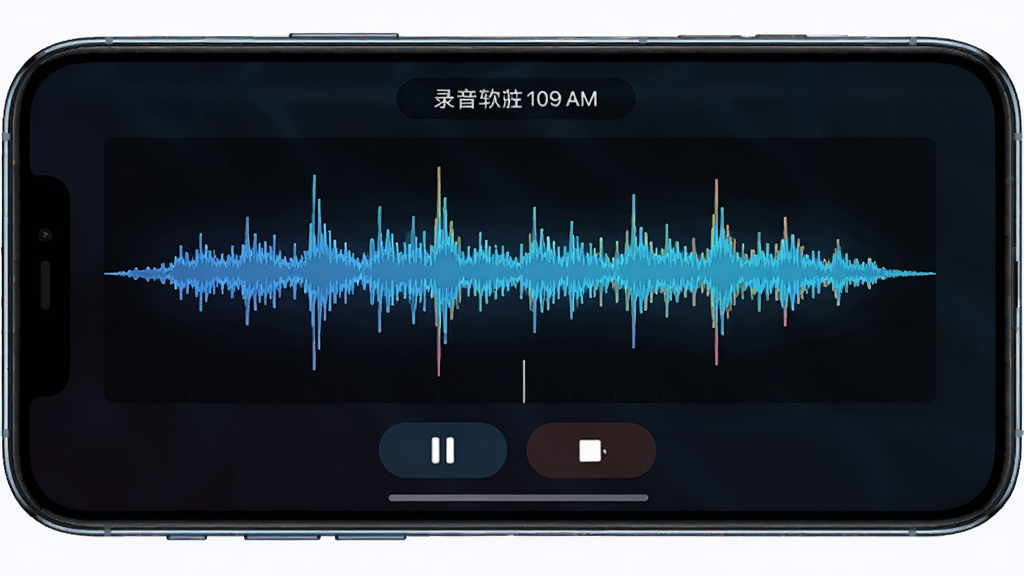 画面展示黄鹂智声软件录音进行中的界面,屏幕中央为动态声音波形图,波形随音频起伏变化,上方显示录音时长,下方为暂停与停止按钮;手机横向握持,背景为深色渐变以突出波形亮度,风格科技感强,布局紧凑,画质干净,无多余元素